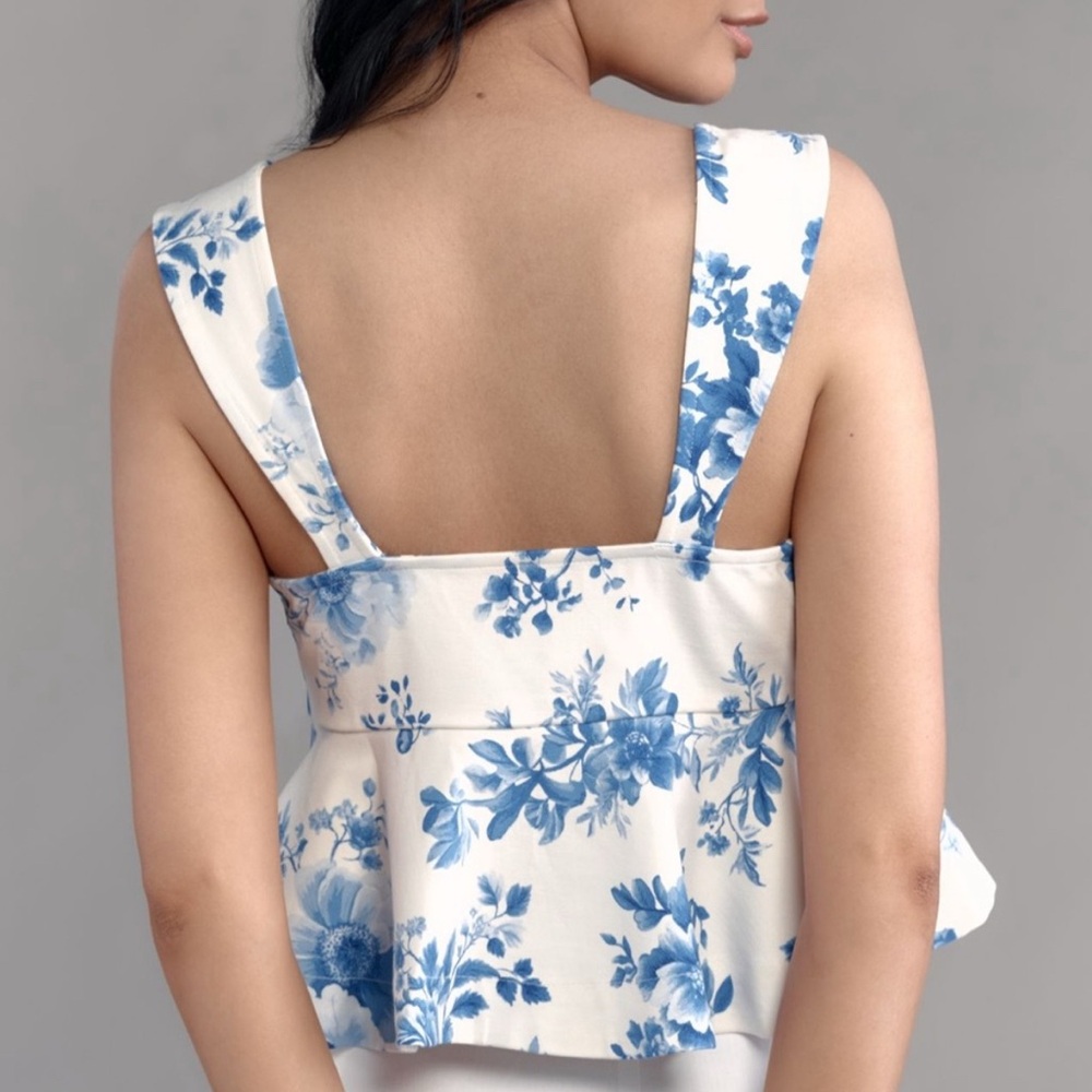 Anthropologie: Maeve NWT Floral Blue and White Peplum Top Size Medium - Picture 3 of 11